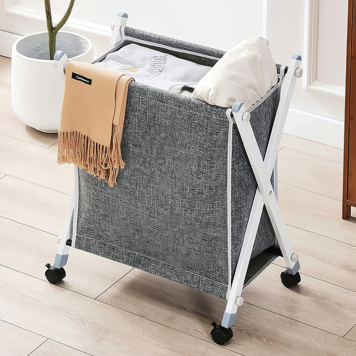 Cos de rufe pliabil textil, Zola, cu roti si cadru metalic stabil,  55 × 30 × 68 cm, gri