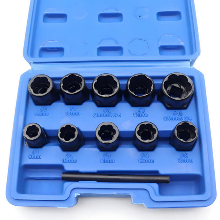 Set tubulare extractoare pentru suruburi si piulite deteriorate, Zola, 9-19 mm, din otel, 11 elemente, carcasa depozitare, albastru