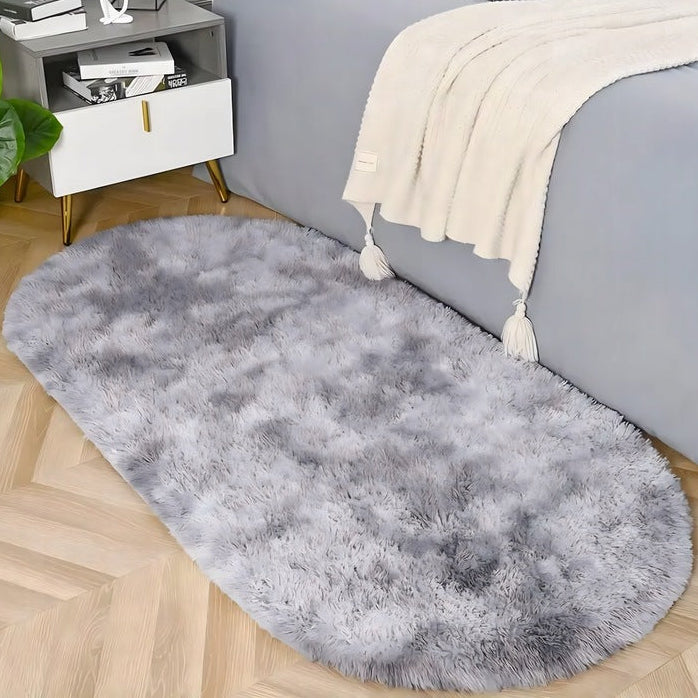 Covor pufos oval, Zola, moale si confortabil, antiderapant, poliester, 160 x 60 cm, gri