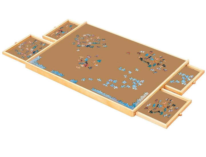 Masa pentru puzzle cu 4 sertare, Zola, suprafata suficienta pentru 1500 piese,  pin si placa MDF, 90.5 x 68 x 4.5 cm