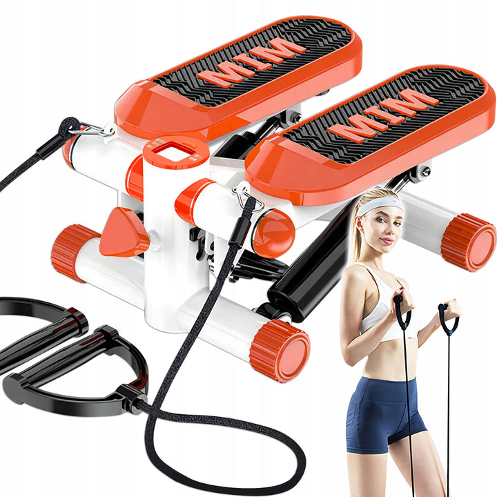 Stepper cu corzi 2 in 1, Zola, afisaj LCD, timp antrenament, numar repetari, calorii arse, greutate suportata 100 kg, lungime corzi 95 cm, 30 x 38 x 20 cm, negru/portocaliu