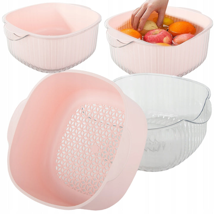 Bol 2 in 1 cu sita pentru spalat fructe si legume, Zola®, cu doua manere, bol transparent, din plastic, 28 x 26 x 12 cm, roz