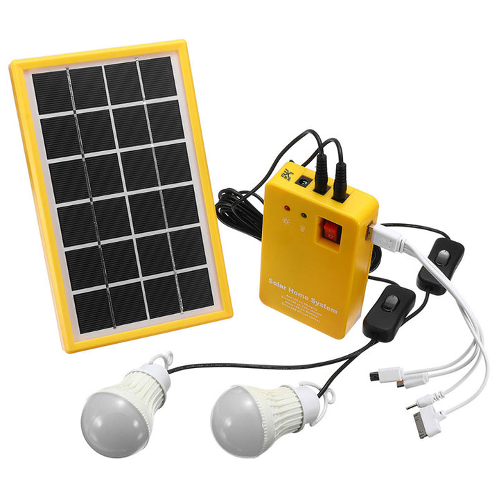 Kit cu panou solar portabil, UBX®, 2 becuri 1 W, radio,  functie de incarcare a telefonului mobil, IP33, plastic, 23.5x14.5 cm, galben