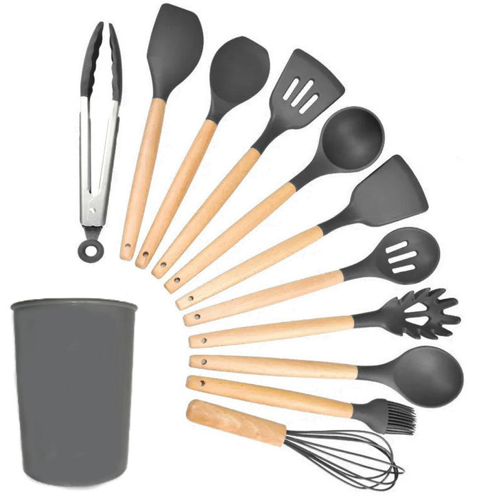 Set 11 ustensile de gatit din silicon, Zola®, maner rezistent din lemn, rezistente la caldura, suport depozitare, gri