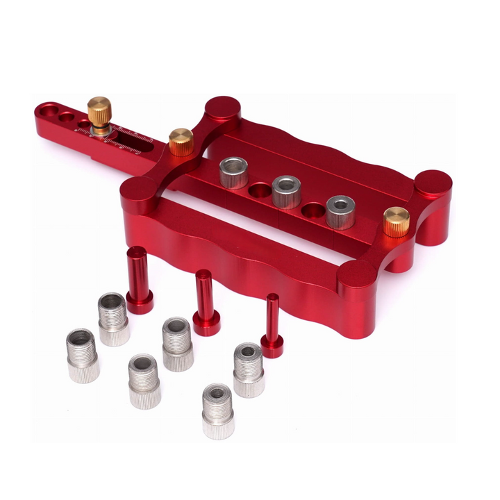 Dispozitiv ghidaj pentru gaurire dibluri, Zola, mansoane 6/8/10 mm, latime placa 17-50 mm, din aliaj aluminiu, rosu