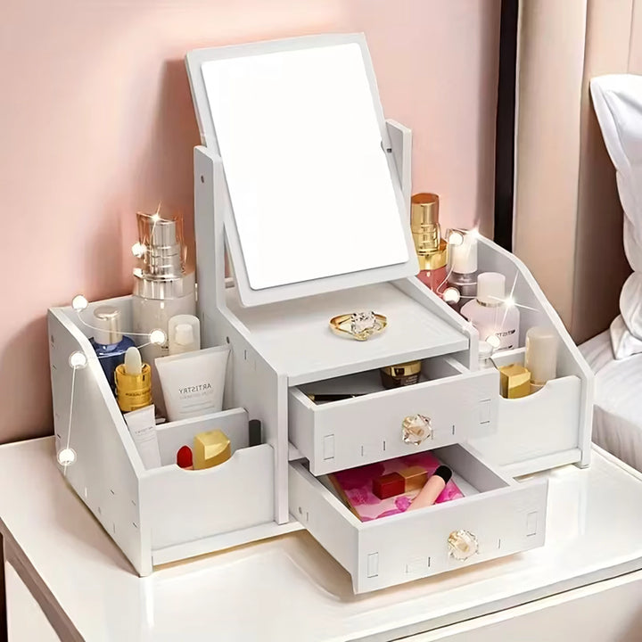 Organizator pentru cosmetice, Zola, oglinda, 4 spatii depozitare, 2 sertare, PVC expandat, 40 × 20 × 33 cm, alb