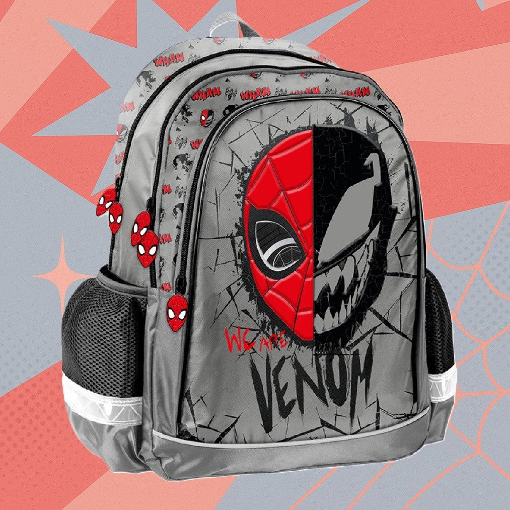 Ghiozdan scolar, Zola, Marvel Venom, 2 compartimente, impermeabil, 38 x 28 x 15 cm, gri/rosu