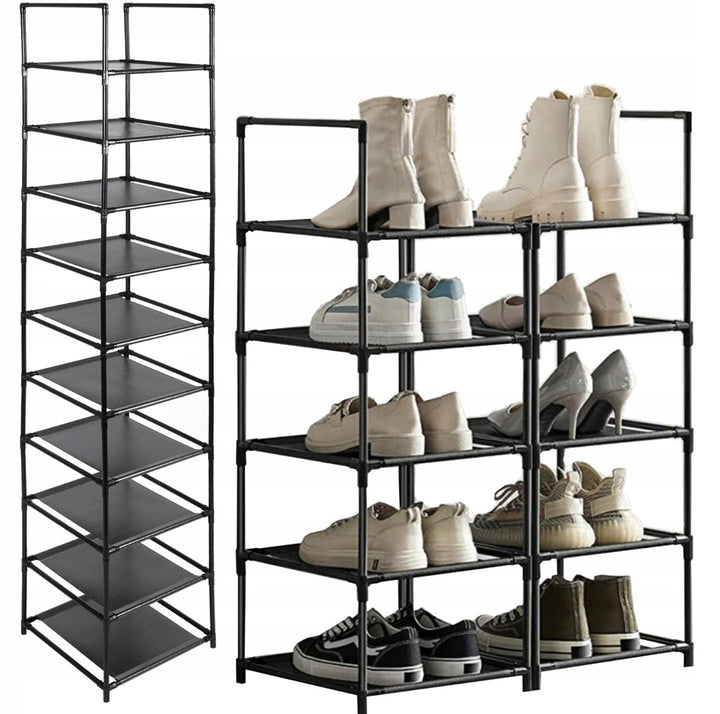 Pantofar modular, Zola, 10 rafturi, cadru metalic, material textil, dimensiuni modul 33 x 33 x 16 cm, 33 x 33 x 176 cm, negru