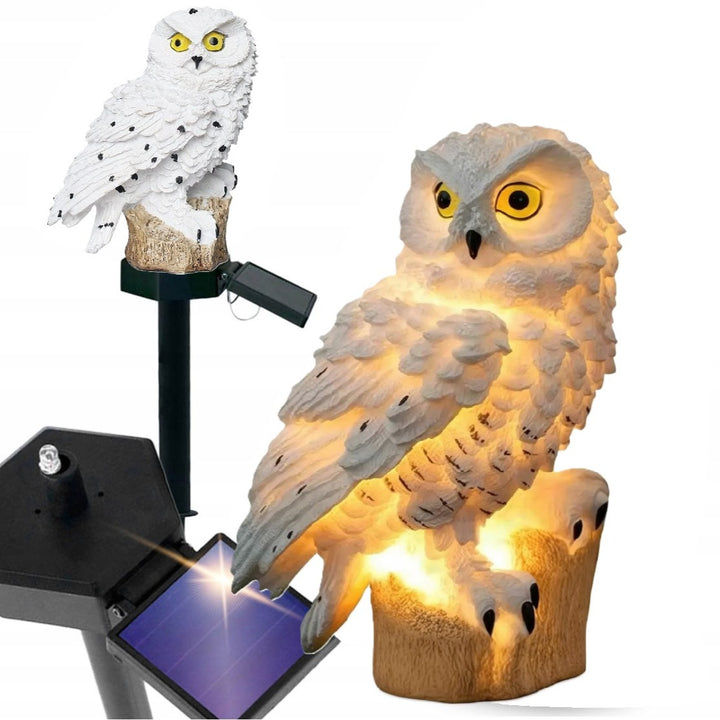 Lampa solara LED gradina bufnita, Zola, 41 cm, senzor amurg, IP44, cu suport, alba