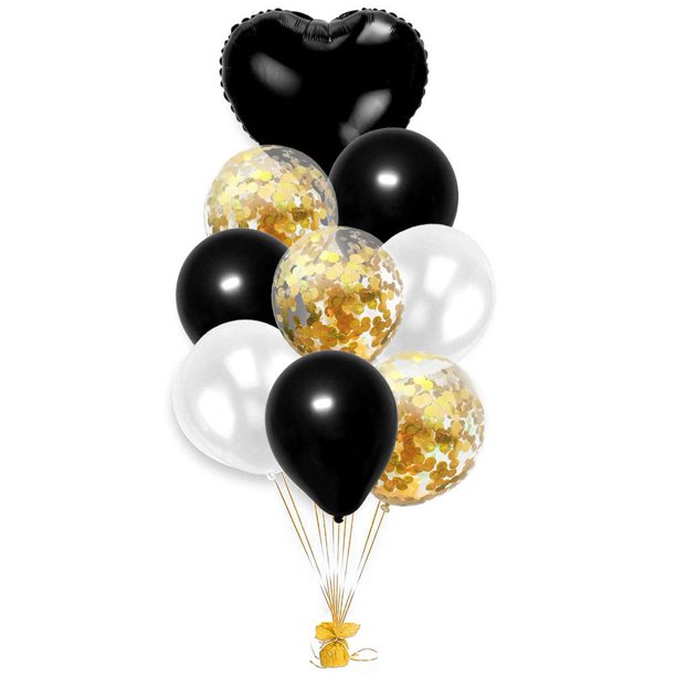 Set 10 baloane, Zola®, negru/alb , confeti aurii si inima neagra mare