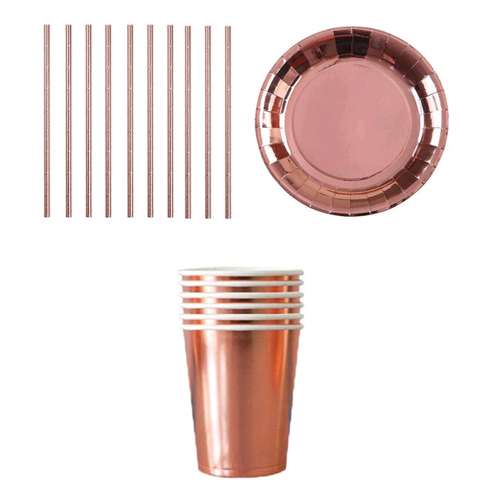 Set 22 accesorii pentru petrecere, Zola®, pahare, farfurii, paie, rose gold