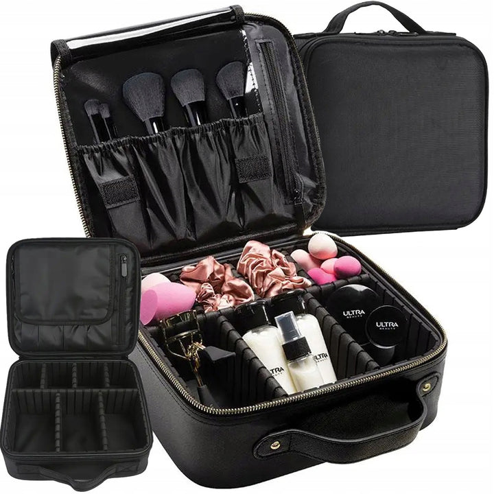 Geanta organizatoare cosmetice pentru calatorie, Zola, compartimente reglabile, fermoar, maner, 23 x 26 x 10 cm, neagra