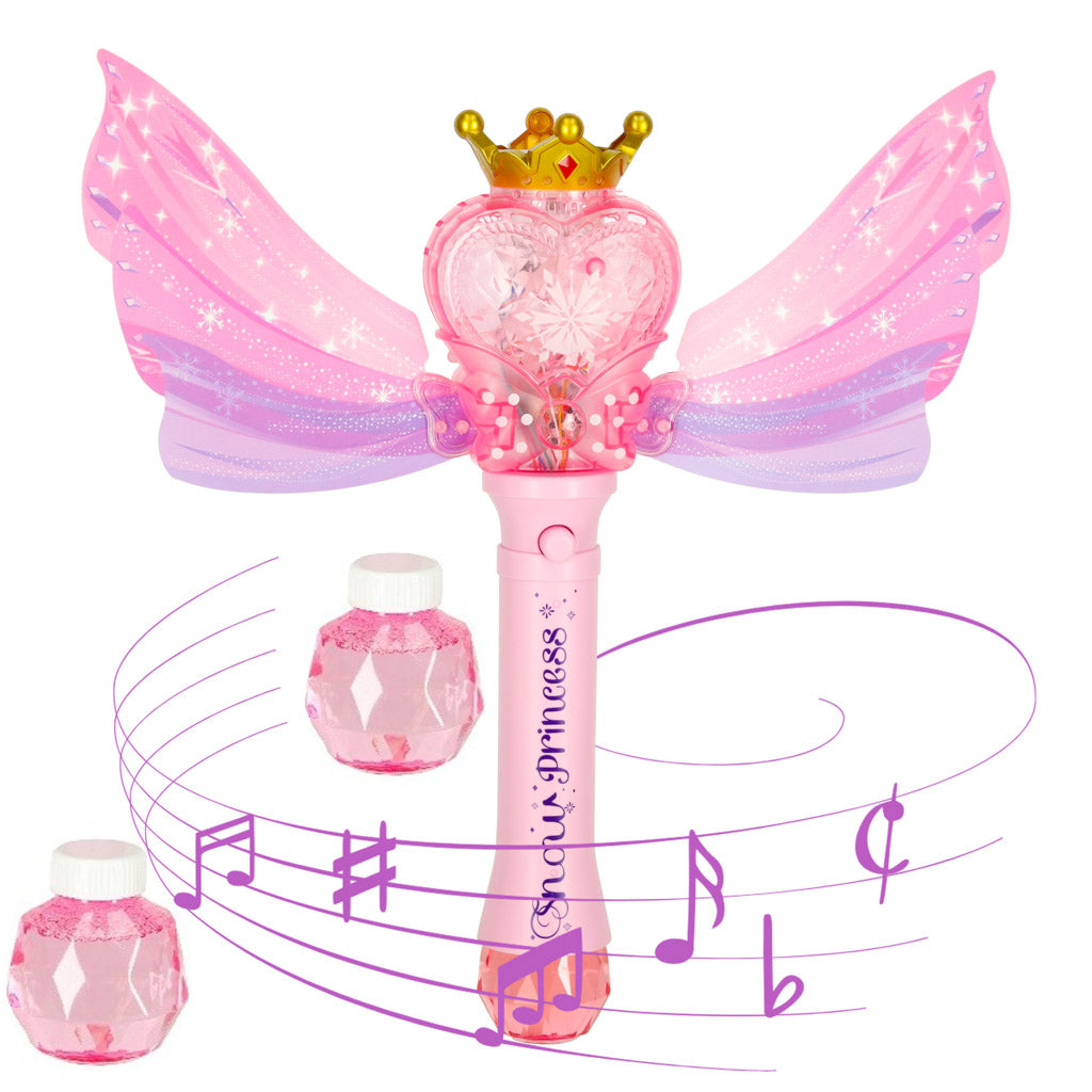 Pistol de facut baloane de sapun, Zola, model bagheta magica, efecte luminoase si sonore, 2 recipiente solutie, alimentare baterii, 35 x 36.5 x 7.5 cm, roz