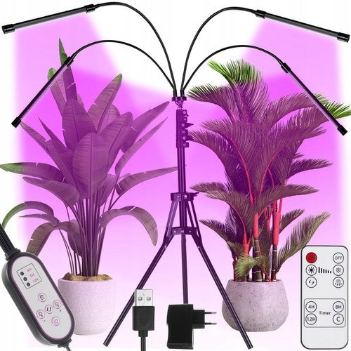 Set lampa cu 4 tije pentru cresterea plantelor de interior cu stativ, Zola®, nu emana caldura, 20 leduri pe tija, 2 culori,inclinare 180 grade, 3 moduri de luminare, reglare intensitate, telecomanda