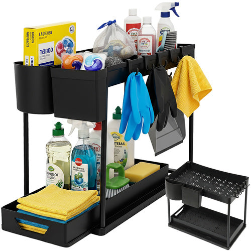Raft organizator pentru baie/ bucatarie, Zola, 2 rafturi, 1 raft extensibil, 5 carlige, 2 cutii, 40 x 27.5 x 37.5 cm, negru
