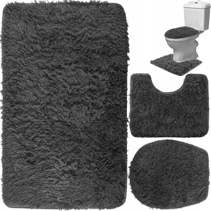 Set covor de baie, Zola®, 3 piese, pufos, anti-alunecare, gri antracit, 81.5 x 49.5 cm/ 49.5 x 39.5cm/  41 x 43.7cm