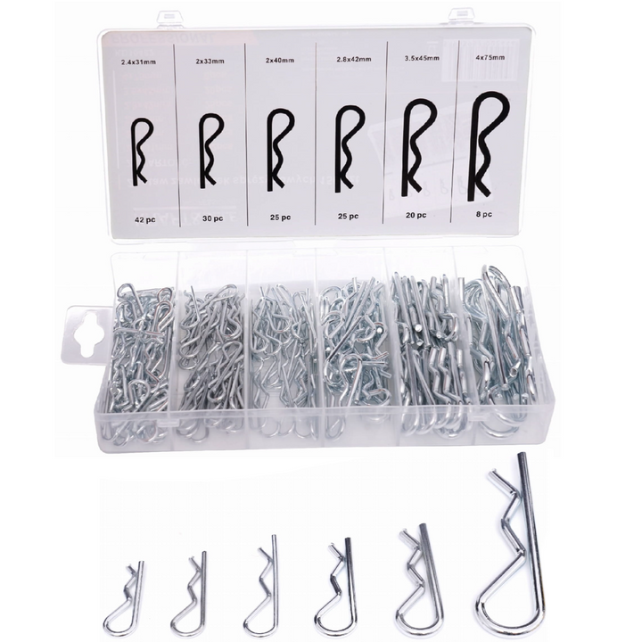 Set sigurante tip R, Zola, 150 bucati, din otel, diferite dimensiuni, pentru fixare axe si bolturi, organizator plastic