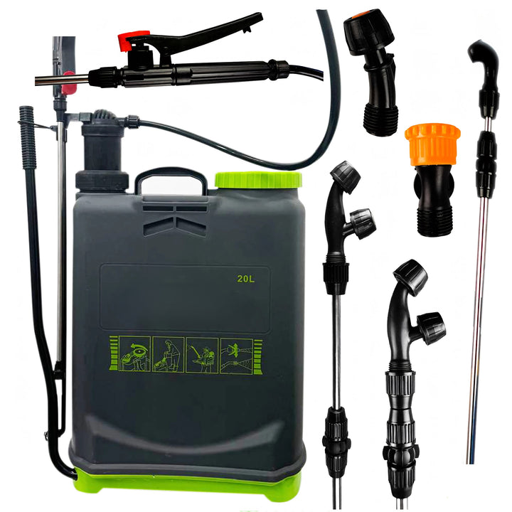 Pompa de gradina tip rucsac, Zola, pentru irigare si fertilizare, capacitate 20l, presiune de lucru reglabila 0.2 - 0.3 Mpa, curele ajustabile, negru/verde