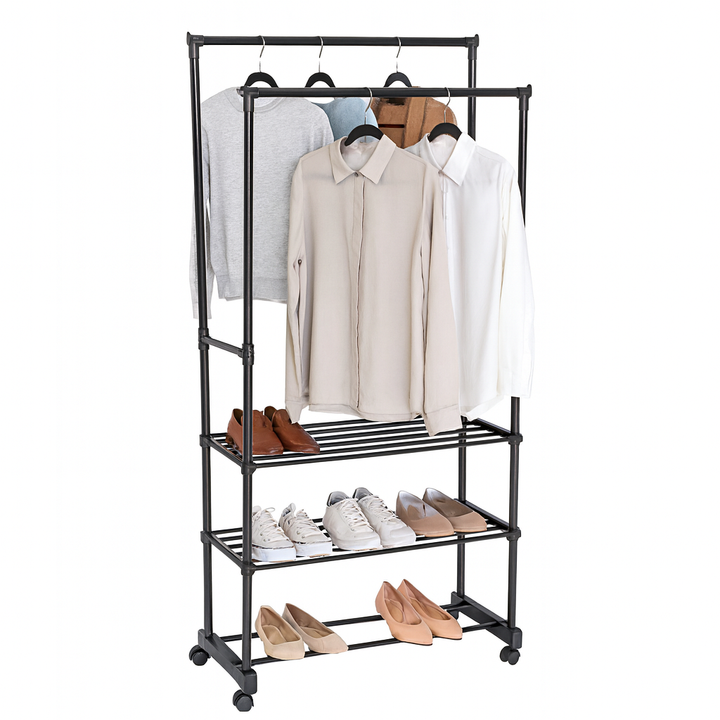 Suport pentru umerase si incaltaminte, Zola, 2 bari, 3 rafturi, 166 x 78 x 39 cm, negru