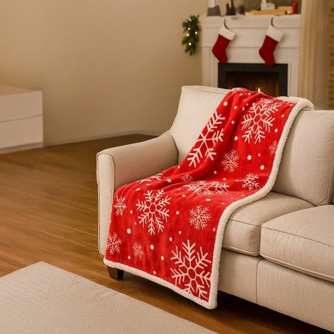 Patura dubla pufoasa, Zola, 130 x 170 cm, model fulgi, calduroasa si confortabila, poliester, rosu/alb