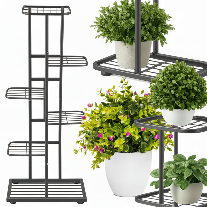 Suport metalic pentru ghivece de flori, Zola, 7 suporturi, greutate maxima suportata 15 kg, otel, 43 x 22 x 108 cm, gri inchis