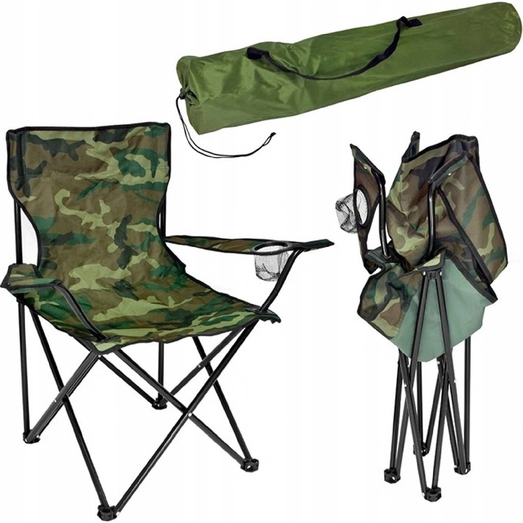 Scaun pliabil de pescuit/camping model camuflaj, Zola, cu suport pahar, cadru metalic, greutate suportata 100Kg, tesatura Oxford, 50 x 50 x 80 cm, husa, verde camuflaj