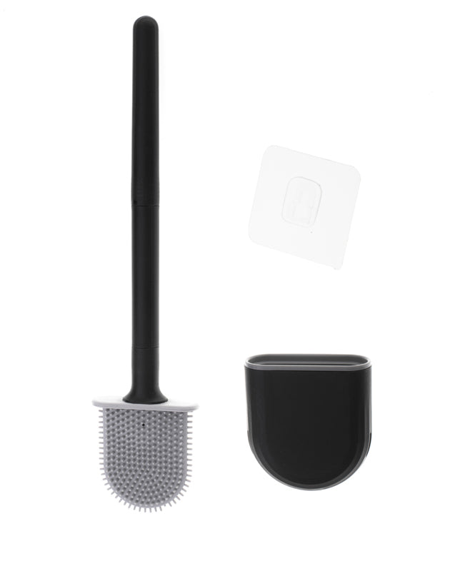 Perie de WC, Zola, recipient pentru scurgerea apei, peri moi din silicon, cap flexibil, maner din plastic, 35x8 cm, neagra