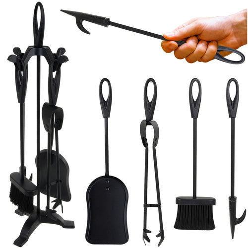 Set 4 accesorii pentru semineu, Zola, cu suport metalic, manere ergonomice, otel inoxidabil, lungime 42 cm, negre