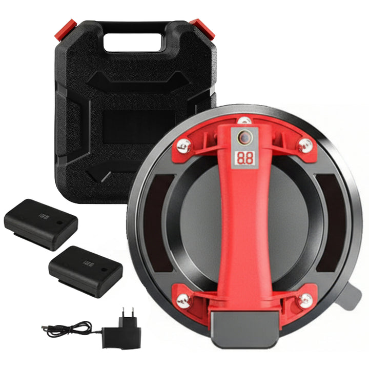 Ventuza electrica cu pompa vid pentru manipulare placi, Zola, forta aspirare 200-300 kg, diametru 20 cm, alimentare acumulatori 2400 mAh, carcasa depozitare, rosu/negru