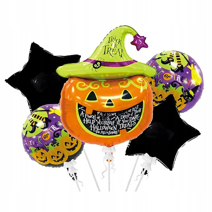 Set 5 baloane Halloween, Zola, dovleac cu palarie, diferite marimi, multicolore
