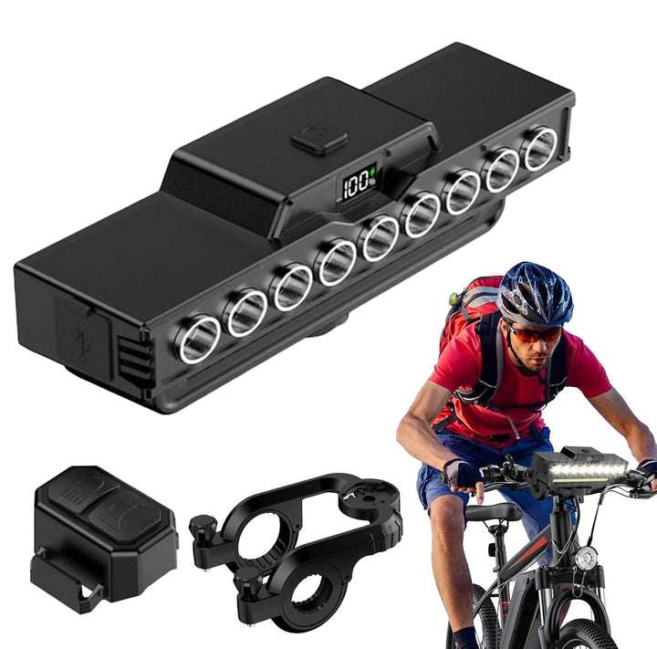 Far bicicleta reincarcabil cu claxon, Zola, 9 LED-uri, 21 diode SMD, 7 moduri iluminare, 900 lm, cablu USB, 15 x 6 x 4 cm, negru