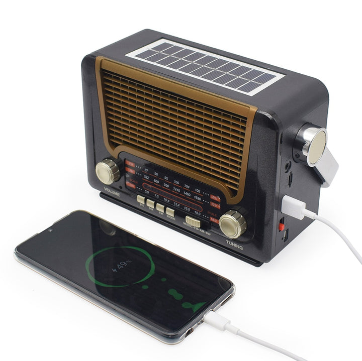 Radio solar de urgenta, UBX, Bluetooth, USB, AUX, microSD, frecvente FM/AM/SW, lanterna LED, 20.5 × 13 × 8.5 cm, negru