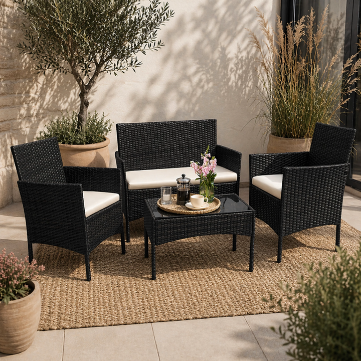 Set mobilier gradina 4 piese, Zola, canapea 2 locuri, 2 fotolii si masa, technoratan si otel, perne confortabile, blat sticla securizata, negru