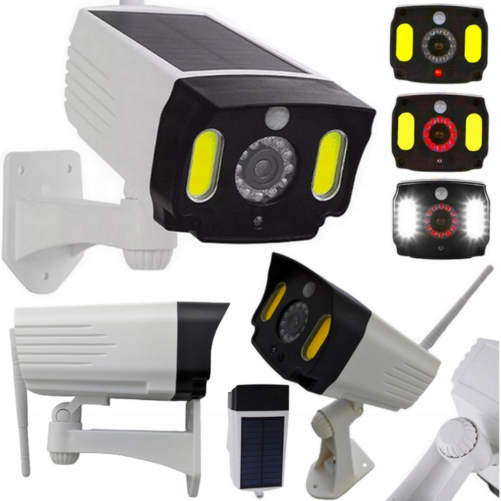Lampa solara cu LED in forma de camera falsa de supraveghere, Zola®, senzor de miscare, 20 W, 360 °, alba