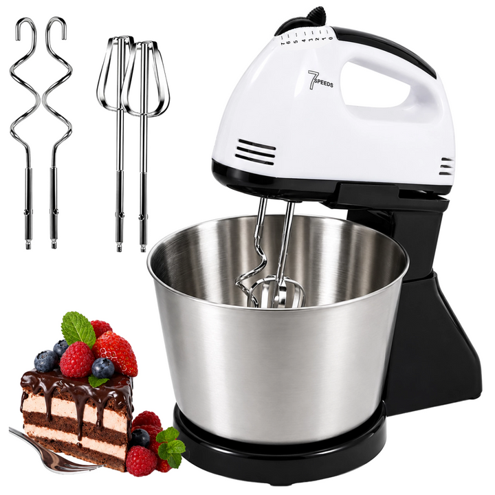 Mixer de mana cu bol, Zola, 100 W, bol inox 3 L, 7 viteze, 2 teluri, 2 carlige aluat, suport inclus