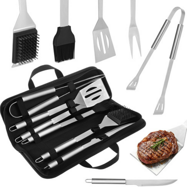 Set 6 ustensile pentru gratar, Zola, cleste, spatula, cutit, furculita, cutit, pensula, perie, otel inoxidabil, geanta depozitare