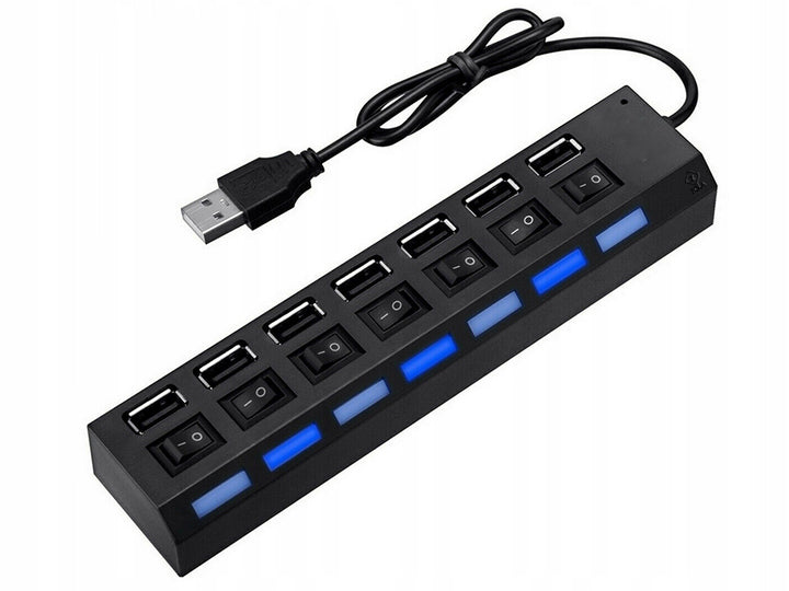 Hub USB 2.0, Zola®, cu 7 porturi, lungime cablu 41 cm, viteza de transmisie 480 Mbps, negru, 16.5x2.1x3.5 cm