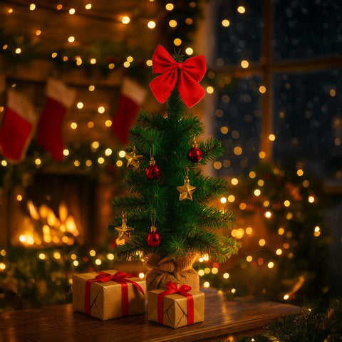 Bradut de Craciun decorativ, Zola, 45 x 25 cm, globuri rosii si aurii, fundita