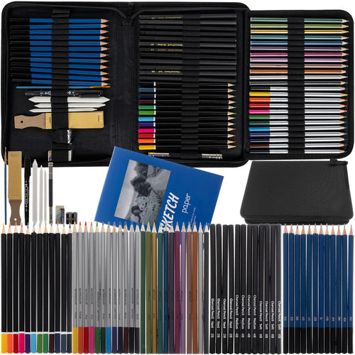 Kit profesional desen si schita 73 piese, Zola, creioane grafit/colorate/metalice/carbune, bloc de desen, radiera, ascutitoare, accesorii, mapa depozitare