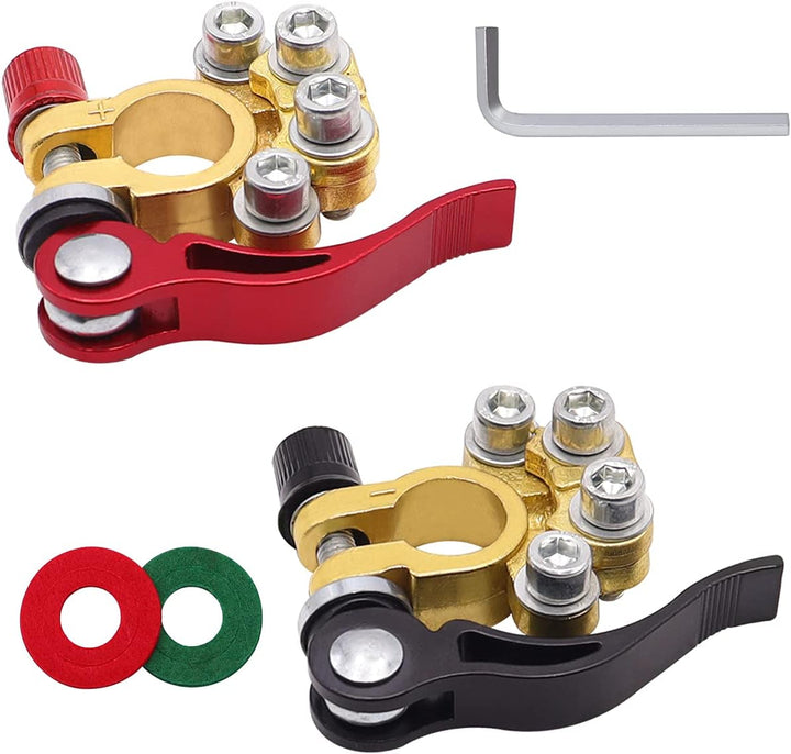 Set 2 borne auto cu 4 terminale si cleme, Zola, pozitiv si negativ, compatibile 6V/12V, curent maxim 800A, 6.5 x 5.5 cm, rosu/negru