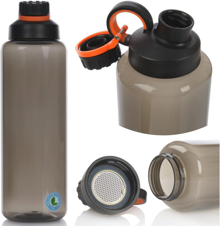 Sticla de apa cu filtru portabila, Zola, 800 ml, din tritan, fara BPA, sistem antipierdere capac, negru/portocaliu
