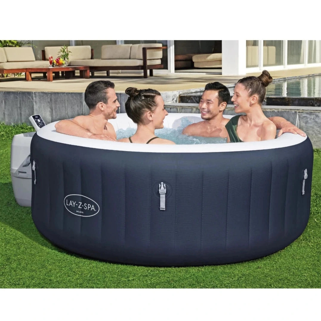 Jacuzzi gonflabil Spa, cu hidromasaj, Bestway 6001C Lay-Z-Spa Miami, sistem de comanda cu display digital, exterior / interior, 4 persoane, albastru inchis, 180 x 66 cm