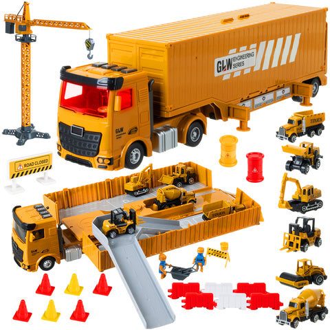 Set  de constructie pentru copii si 2 muncitori, Zola, cu tir transformabil in santier, macara, betoniera, excavator, compactor, stivuitor, accesorii santier, 44x11x8 cm