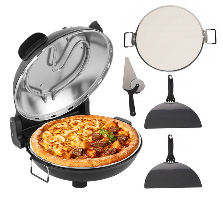 Cuptor electric pentru pizza, Zola, 1200 W, 5 trepte temperatura, 180-450 °C, timer 15 min, placa coacere ceramica, 2 spatule, cutit 2 in 1,  34 x 33 x 16.5 cm