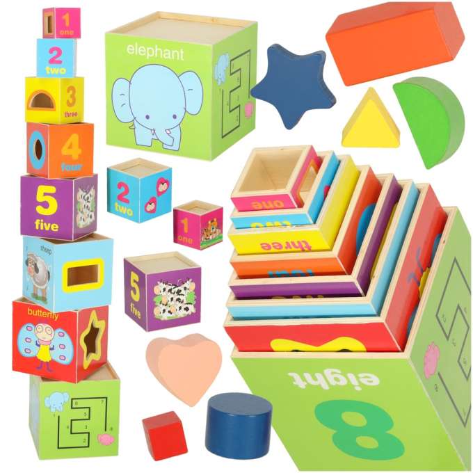Turn XXL educational Montessori, Zola, pentru invatarea animalele, formelor, numerelor si culorilor, 8 cuburi si 7 forme de lemn, inaltime totala 71 cm