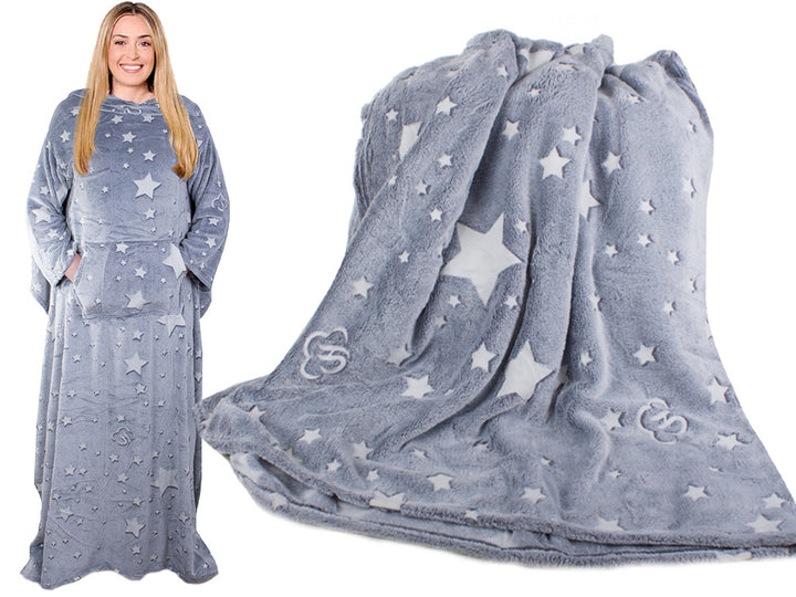 Patura cu maneci, Zola®, buzunare, unisex, moale si confortabila, insertii fosforescente, model stelute, 190x170x55 cm, gri