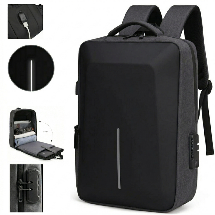 Rucsac laptop antifurt, Zola, inchidere cu cifru, carcasa rigida, USB incarcare, banda reflectorizanta, compartiment laptop, 45 x 32 x 14 cm, negru-gri