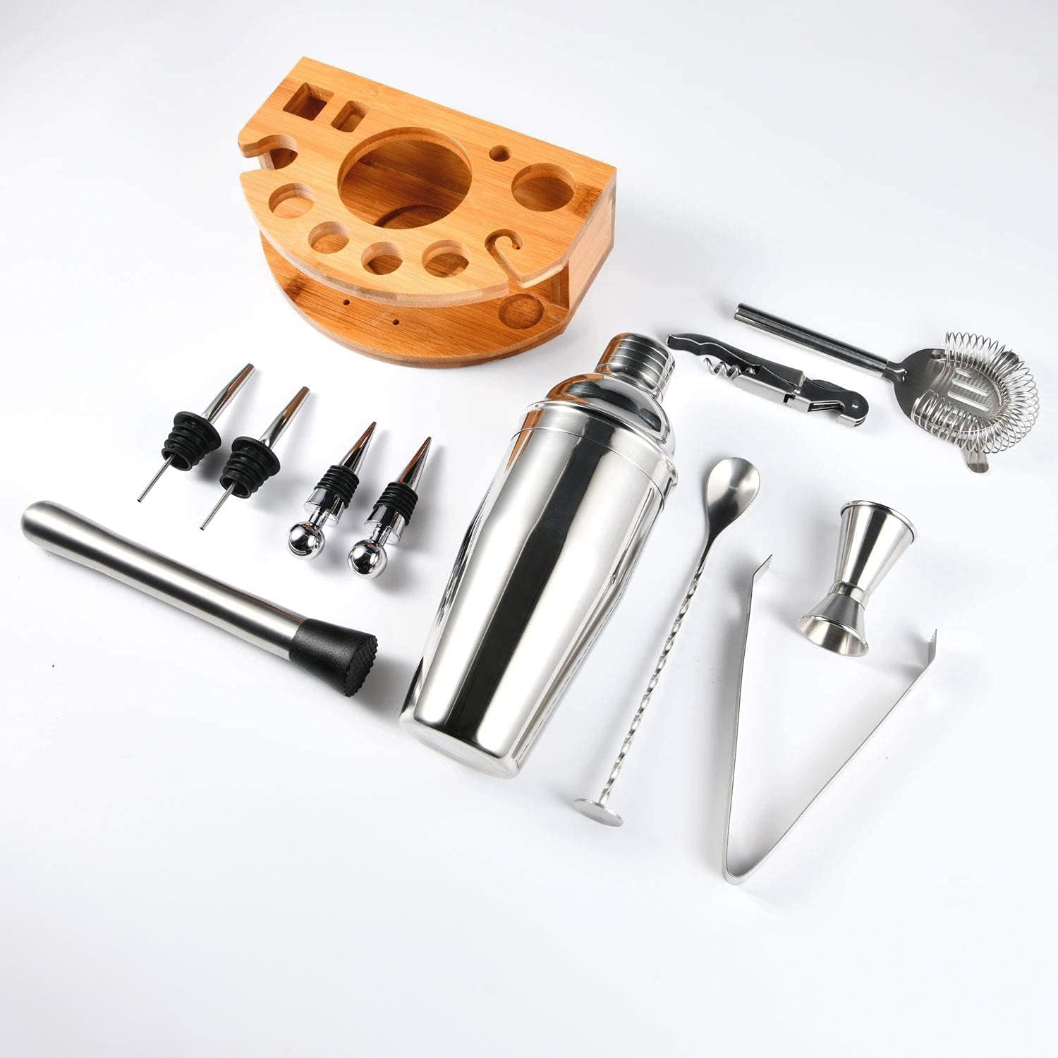 Set barman 12 piese pentru cocktail-uri, Zola, suport bambus, inox, 21 x 13.5 x 7 cm, arginitiu