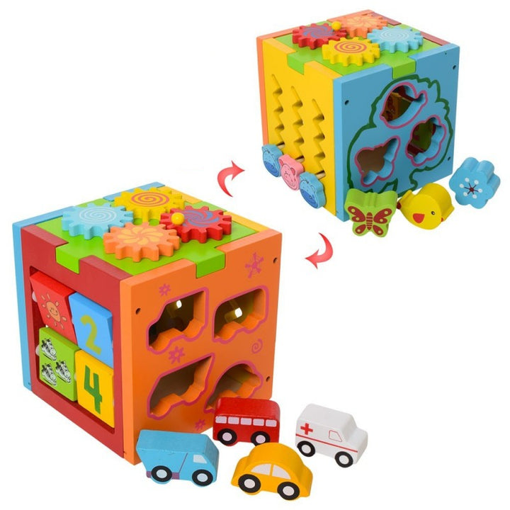 Primul meu cub de activitati, Zola®, 5 activitati, multicolor, din lemn, cu activitati care dezvolta inteligenta copilului