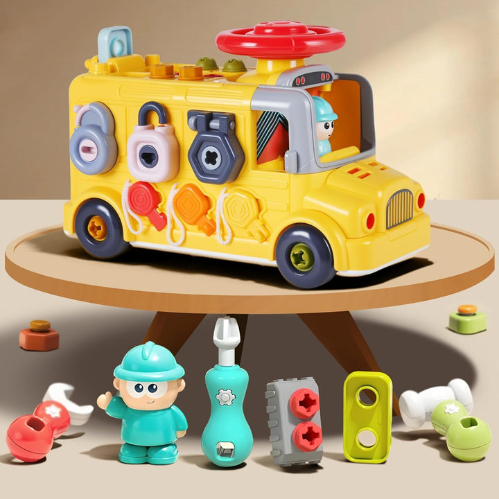Set constructie autobuz interactiv 6 in 1, Zola, 55 piese, sofer, suruburi si uneltte, plastic, 25 x 16.5 x 14 cm, multicolor